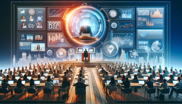 DALL·E 2024-01-31 11.45.54 – An image that captures the essence of B2C webinars. The scene should depict a digital environment focused on online learning and interaction between b